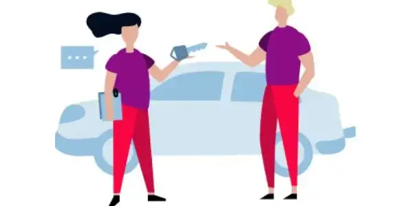 Eine stilisierte Vektorgrafik, die eine Frau mit dunklen Haaren und einen Mann mit blonden Haaren zeigt, die vor einem hellblauen Auto stehen. Die Frau hält einen Autoschlüssel und eine Klemmbrett, während der Mann seine Hand entgegenstreckt. Sprechblasen