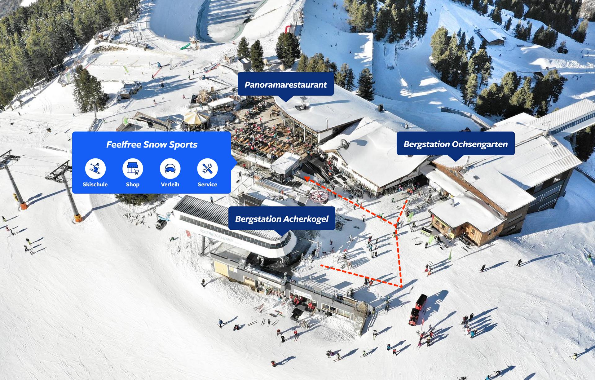 Luftaufnahme einer verschneiten Bergstation mit markierten Bereichen und Beschriftungen zu Skischule, Shop, Verleih und Service